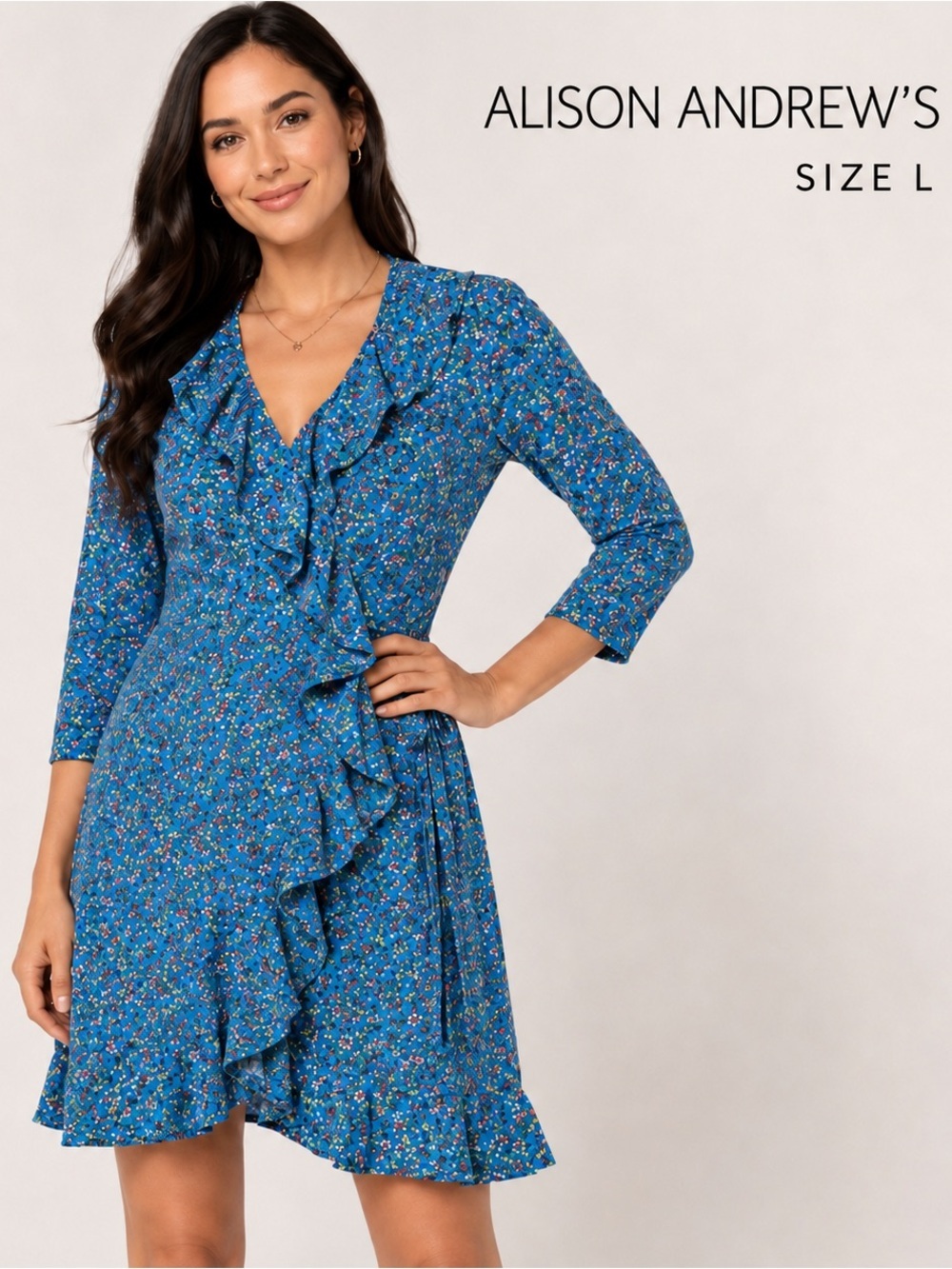ALISON ANDREWS Floral Ruffle Wrap summer preppy feminine  blue Dress/size L